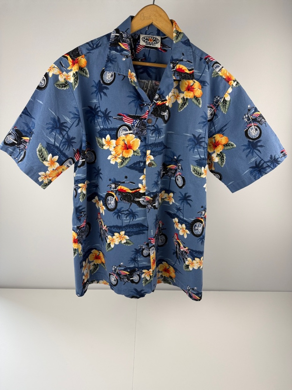 Blue Tropical Motorcycle Print Short-Sleeve Shirt